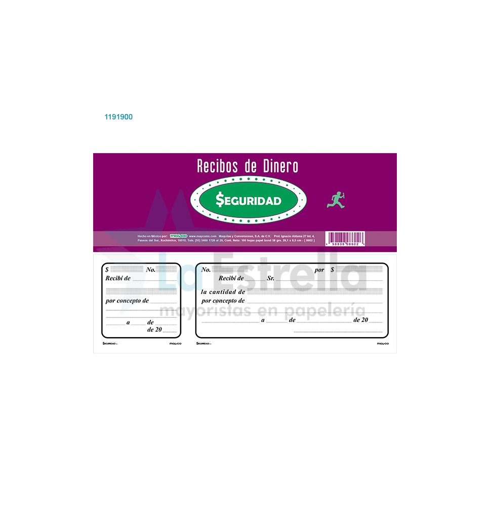 RECIBO DE DINERO 8602 SEGURIDAD CTALON 100H. C100