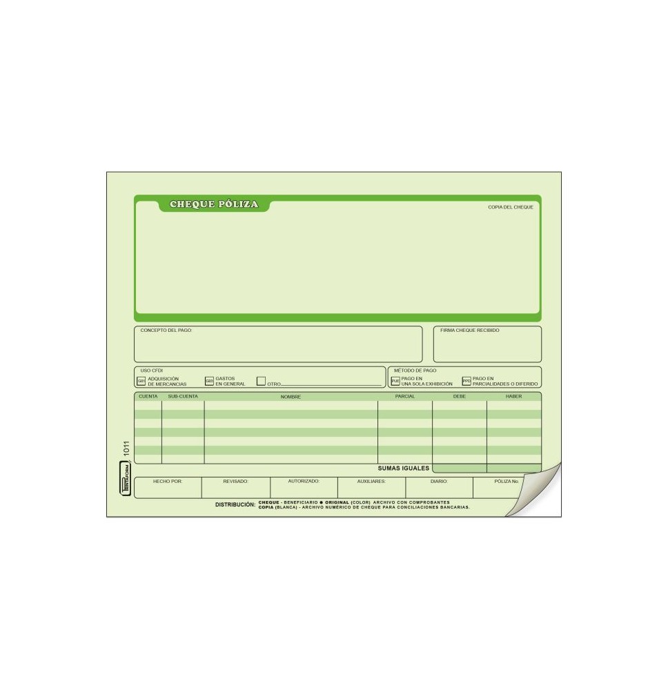 POLIZA DE CHEQUE 1011 PRINTAFORM 12 OFI. 25 JGO. E3144
