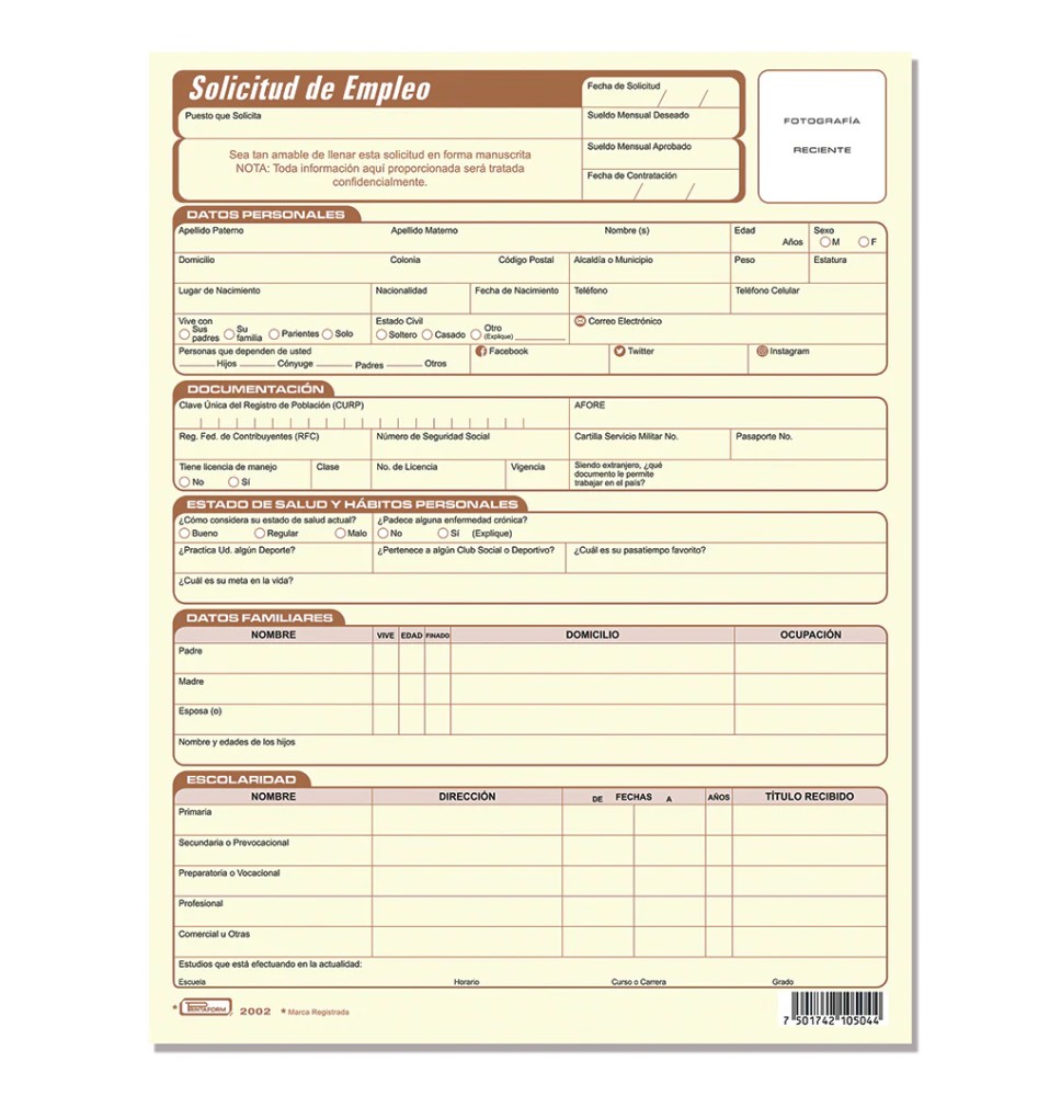SOLICITUD EMPLEO PRINTAFORM CTA. 25H. 2002 E.3 C.72