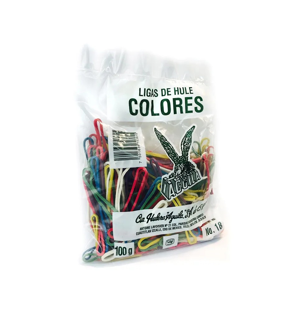 LIGAS DE HULE 18 AGUILA BOLSA 100 GRS. COLORES C.150